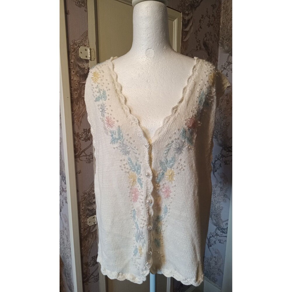Kathie Lee Vintage Creme Embroidered Vest XL